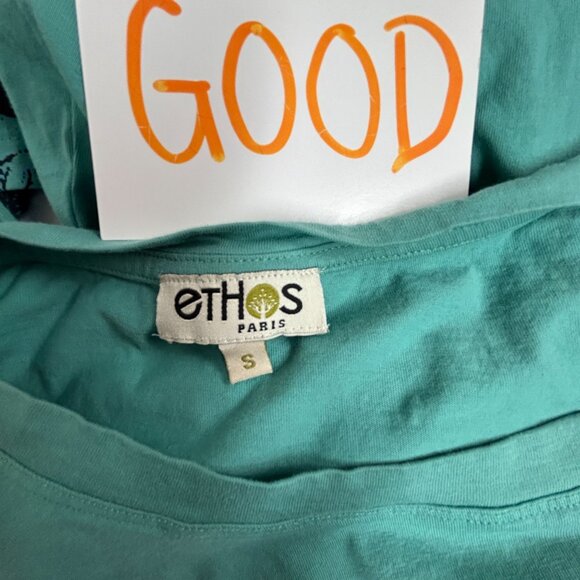 Ethos Paris Teal Organic Cotton Long Sleeve Shirt Top Small Urban Skyline Design - Picture 3 of 7